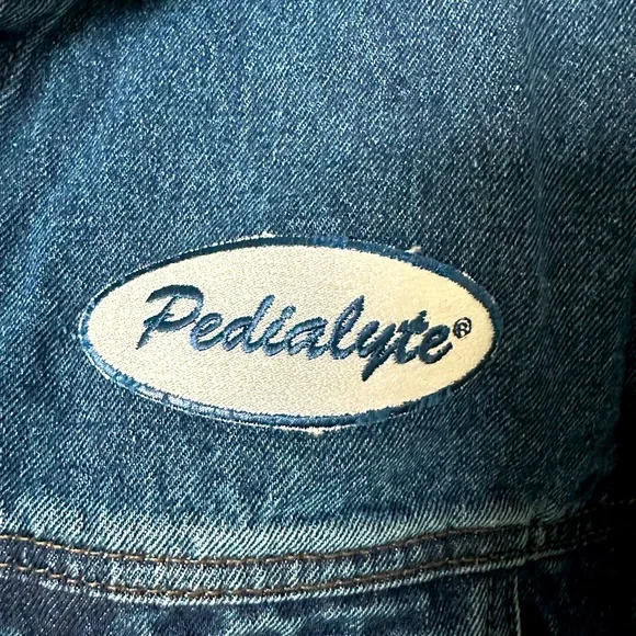 Novelty Pedialyte Port Authority Denim Jacket Sz Large “Dehydration Is So 1966”